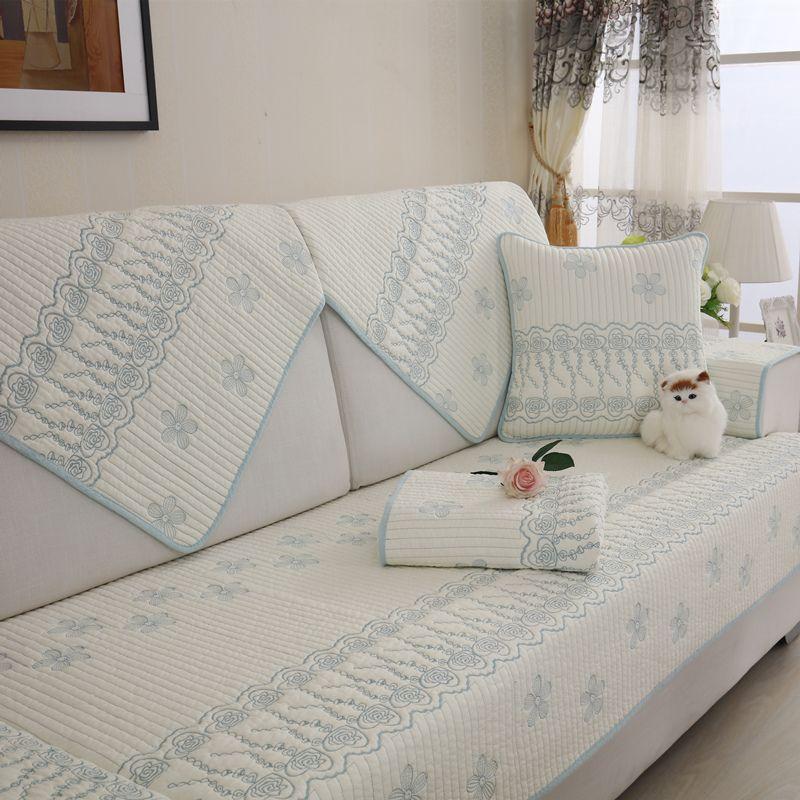

Patchwork Cotton Sofa Cushion All Year Round Fabric Minimalist Modern Fashion Pure Cotton Cushion Neutral Armrest Backrest Towel Cover Flower light blue 70*70