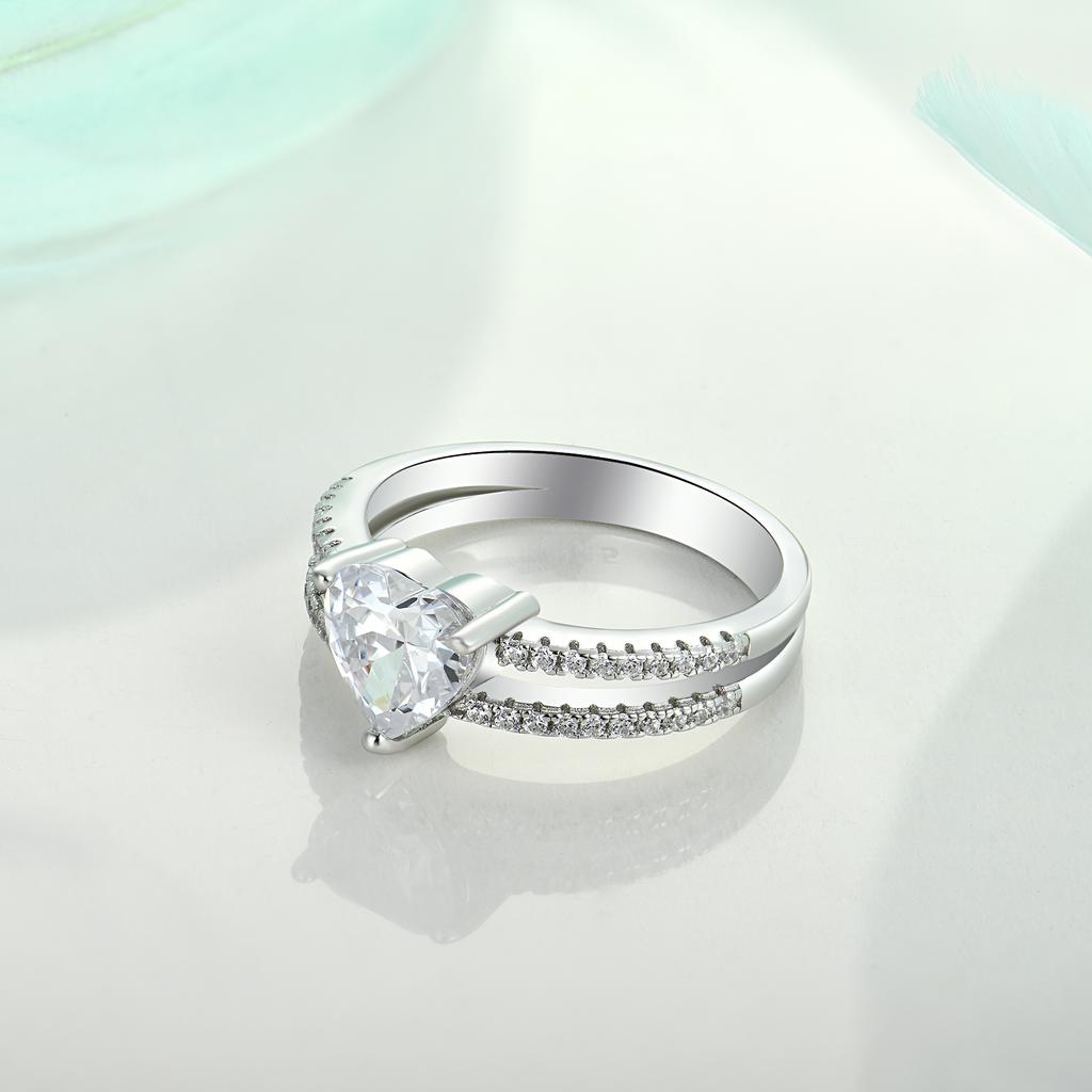 Double Band Heart CZ Ring 925 Silver 4 Prong Setting Paved Zircon Engagement Promise Wedding Ring for Ladies