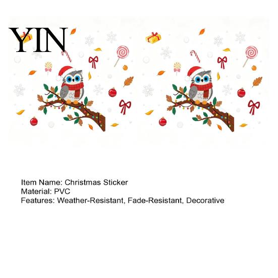 Festive Home Beautification Supplies Cute Christmas Owl Window Sticker, Snowy Branch Candy Glass Decal, Waterproof Self Adhesive Seasonal Wall