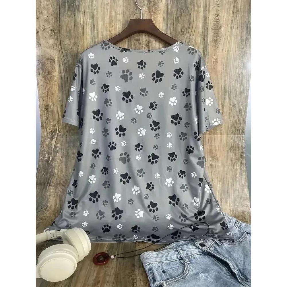 Summer V-neck 3D Cat Paw Pattern Printed Top Fashionable Casual Short Sleeved Women's T-shirts