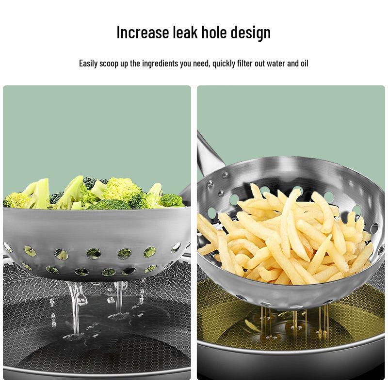 Stainless Steel Large Hole Strainer Ladle for Liangfen, Sweet Potato Starch, Dumpling Soup, and Noodles.