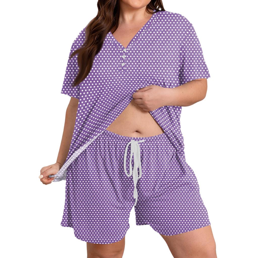 Women's Plus Size Short Sleeve Round Neck Printed 2-Piece Outfit Set - Casual Loose Fit Summer Shorts