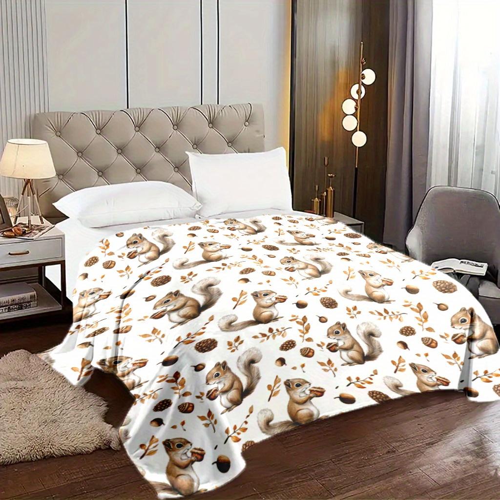 Squirrel & Pinecone Print Throw Blanket - Cute Autumn Forest Motif Soft Lightweight Accent for Sofa Bed Travel Office