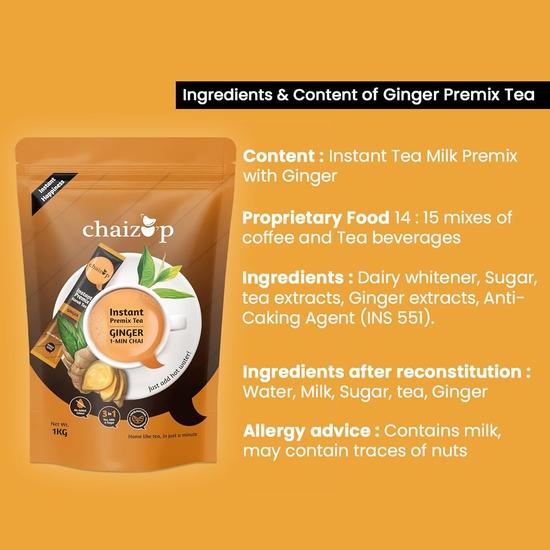 Chaizup Premium 1 Min Instant Ginger Tea Premix - 1kg Poly | Ginger Flavours | Approx. 72 Servings | 1kg