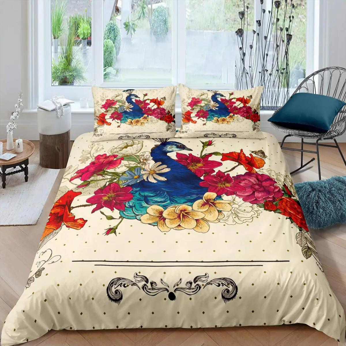 

Peacock Duvet Cover Exotic Birds Animals Quilt Cover Polyester Feather Butterfly Flowers Bedding Set 2/3Pcs King For Girls Teens EU Single(135x200cm)