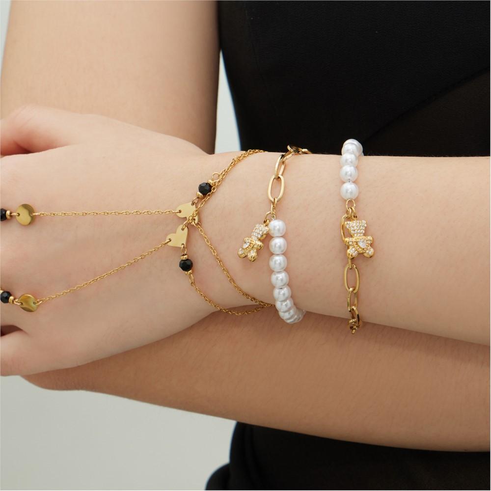 Cubic Zirconia Bear Charm Bracelet In Stainless Steel 18k Gold Plated Link Chain Bracelets Shell Beads Beaded Bracelet for Women