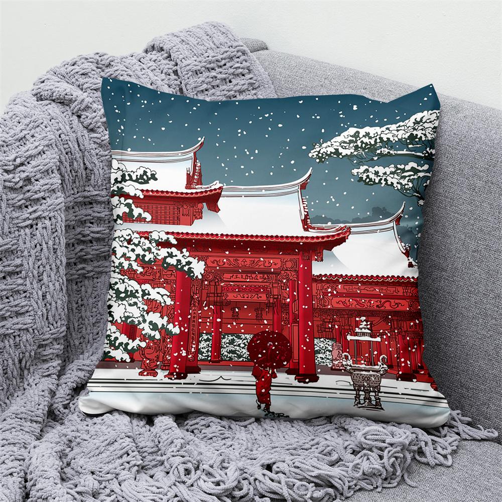 Lucky Cat Japanese Style Sofa Bed Decorative Pillow Cover Home Decor Mount Fuji  Art Cushion