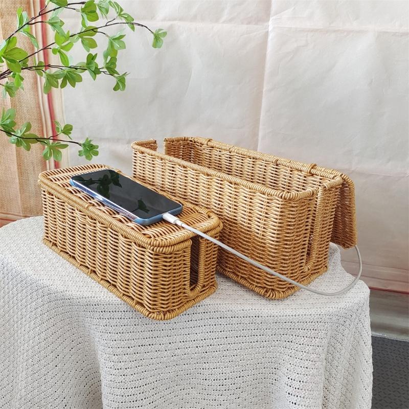 Elegant Handcrafted PE Woven Desktop Organiser Basket For Charger And Cables Waterproof Power Strips Holder