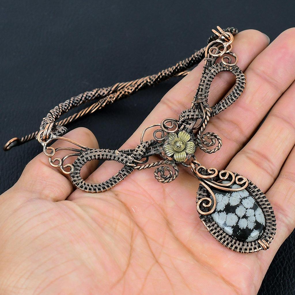 Snowflake Obsidian Necklace, 999 Copper Wire Wrapped Gemstone Handmade Dainty Jewelry Necklace, Adjustable Chain Necklace Gift For Her