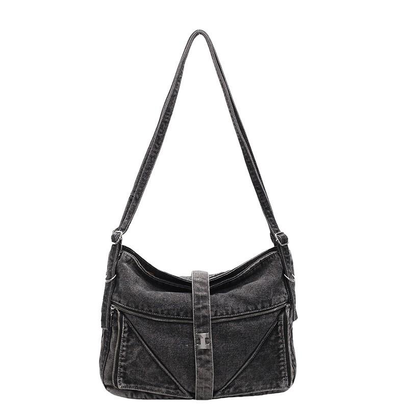 Denim Crossbody Bag Women Minimalist Casual Shoulder Tote With Zip Soft Medium Size In Black Navy Light Blue