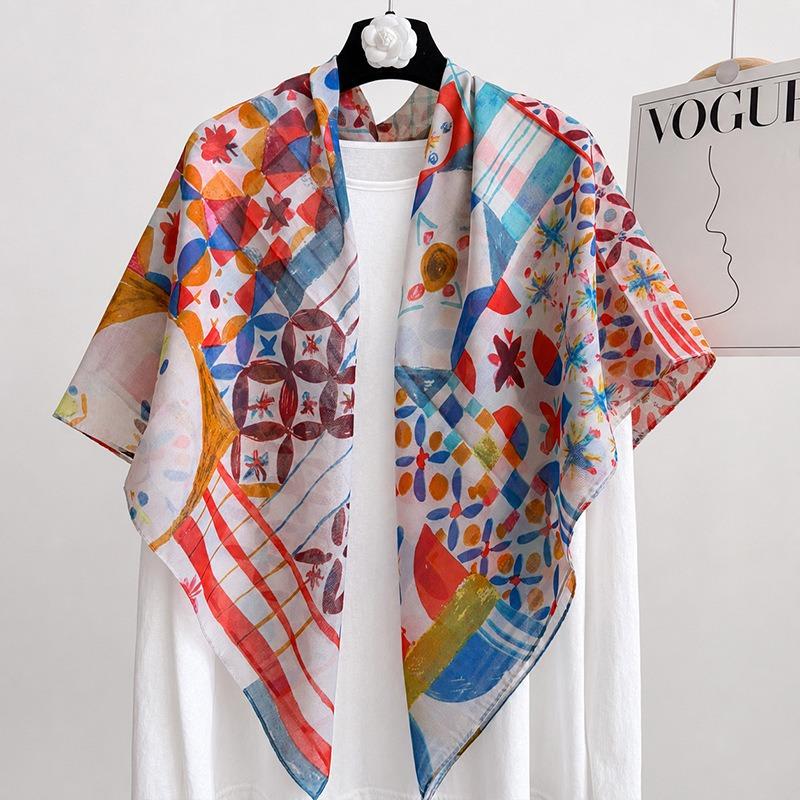 [Variety sunscreen shawl retro printed square scarf women's summer silk cotton silk scarf