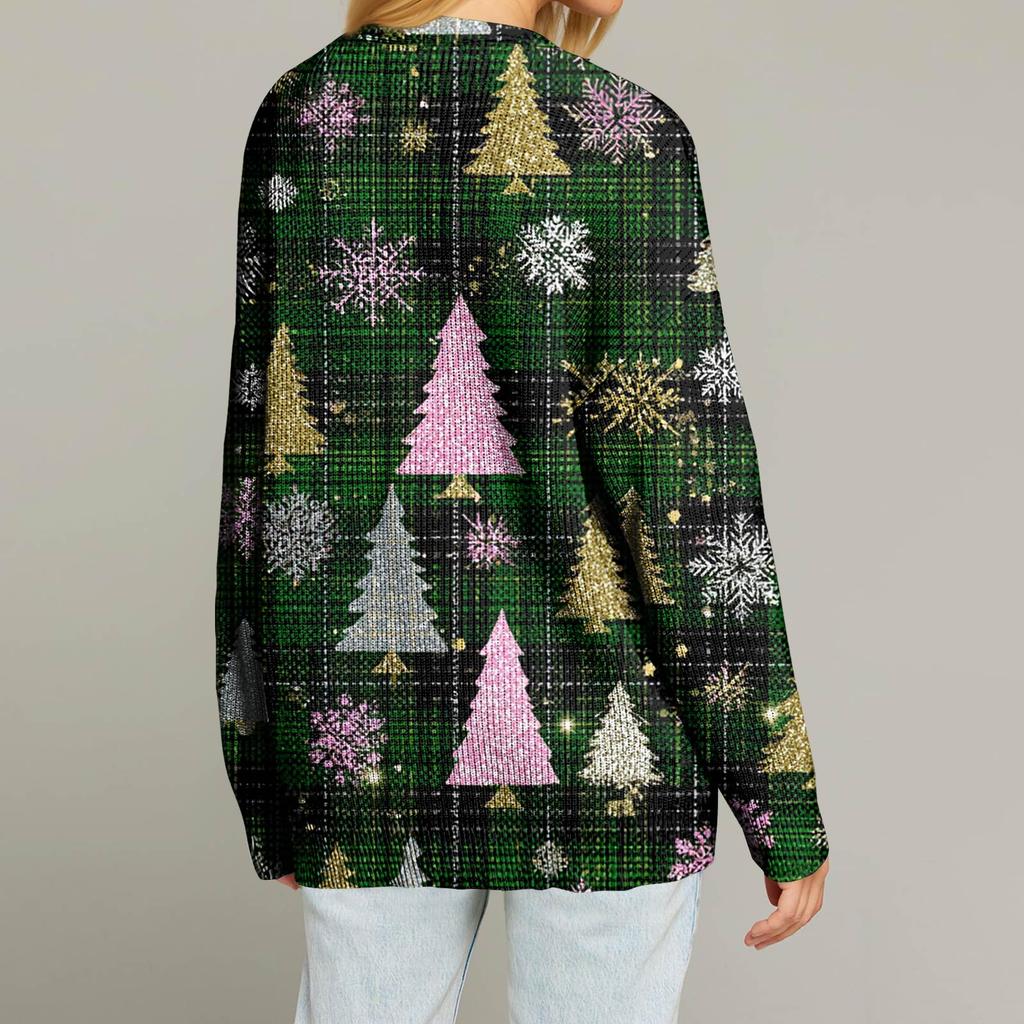 Women's Fashion Long Sleeve Christmas Print V-Neck Button Loose Cardigan Top