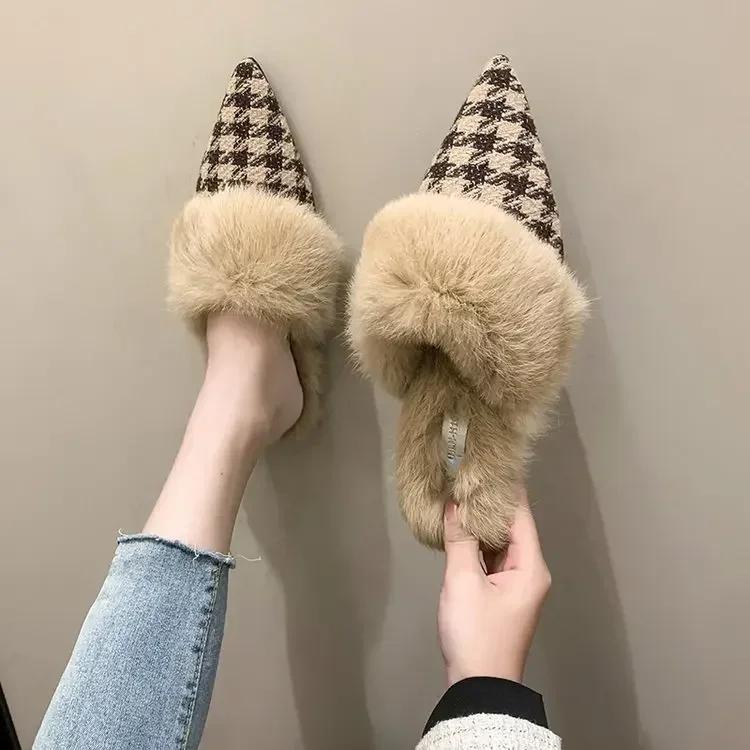 Fashion Fashion Winter Plush Women Mules Slippers Slip On Warm Woman Slipper Faux Fur Flat Shoes Pointed Toe Female Ladies Shoes