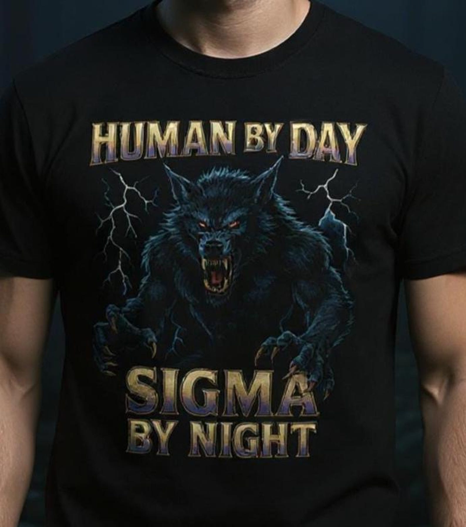 Human by Day, Sigma by Night, 90s Style Vintage Werewolf T-Shirt, funny meme Y2K t-shirt, Lone Wolf Bootleg TShirt, Vintage Werewolf Top, 4XL