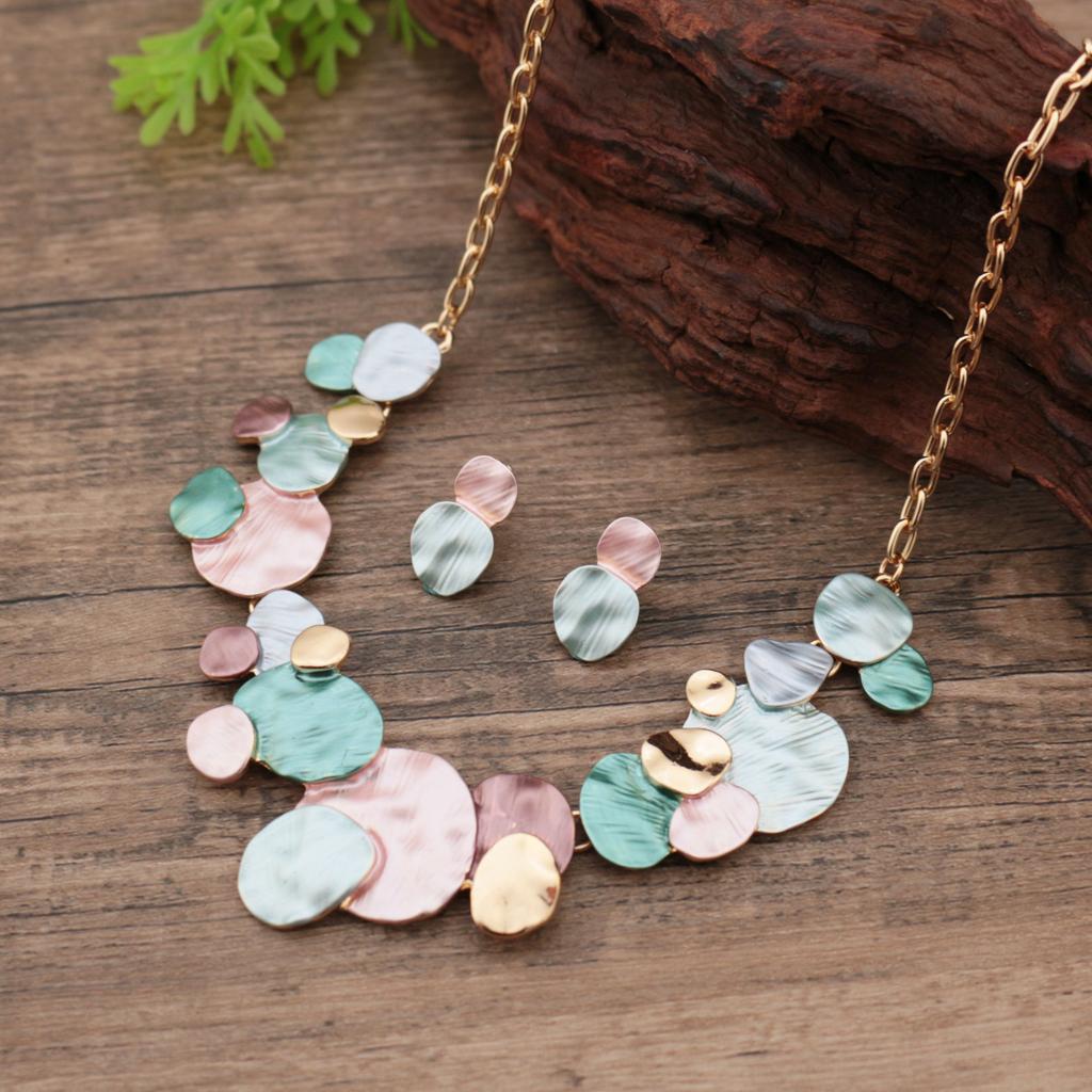 Color painting oil geometric oval stud earrings necklace set, women's high sense versatile neck chain earrings