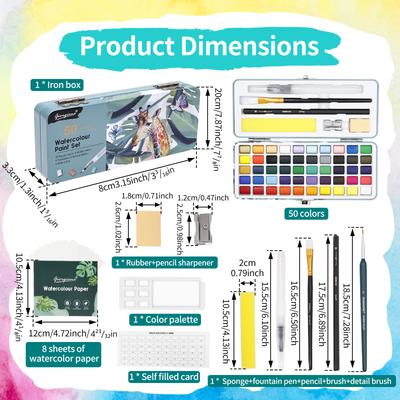 50 Colors Watercolor Paint Set Travel Portable Watercolor Paint Kit with Palette Brush and Tap Pen for Art Beginners Enthusiasts
