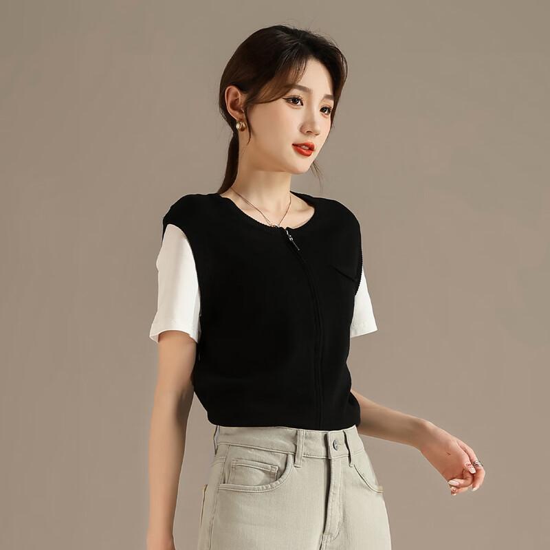 RAIN.CUN Women's Zipper Detail Knitted Short Sleeve Top