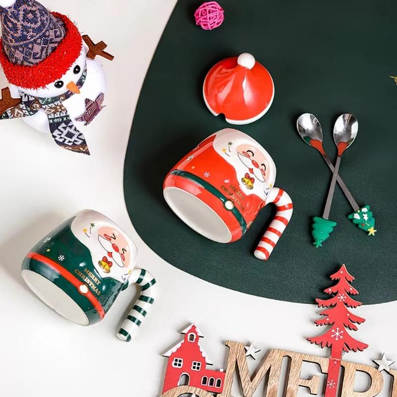 Santa Claus Ceramic Mug Cartoon Water Cup with Lid Spoon Cute Milk Coffee Mugs Couple Souvenir Drinkware Christmas Holiday Gifts