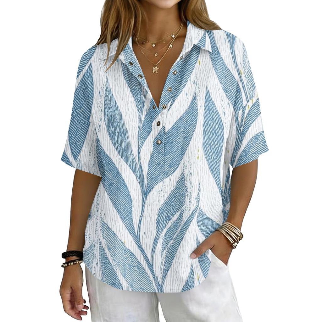 Damen Mode Polo Kragen Knopf Vintage Blumendruck Locker Geschnitten Kurzarm T-Shirt Leinenmischung Lässiges Oberteil für den Sommer