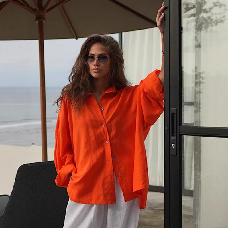 Autumn thin fashion all-match ladies casual button-down shirt, lazy fashion casual solid color simple loose shirt