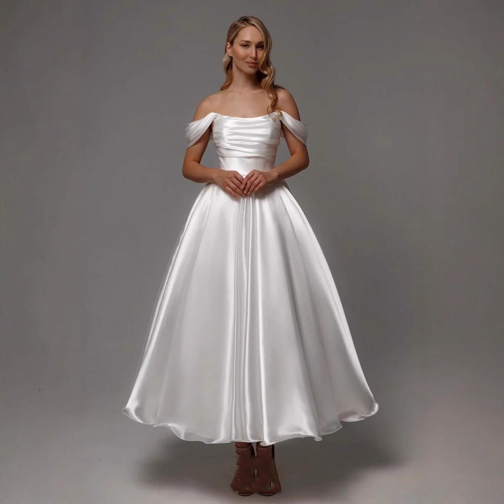 Dress Simple Temperament Spring and Autumn New One-word Shoulder Sleeveless Thin Advanced Texture Light Luxury Main Wedding Dress Medium and Long