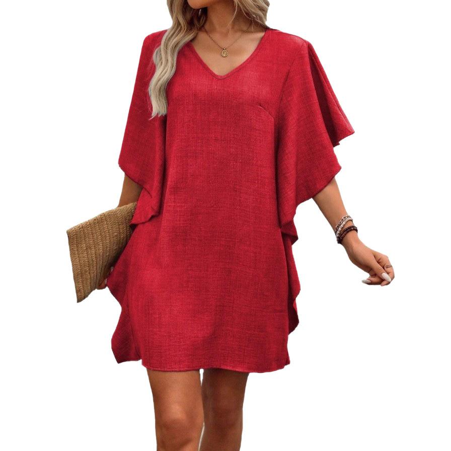 Summer Solid-color Loose Ruffled Flowing V-neck Dress