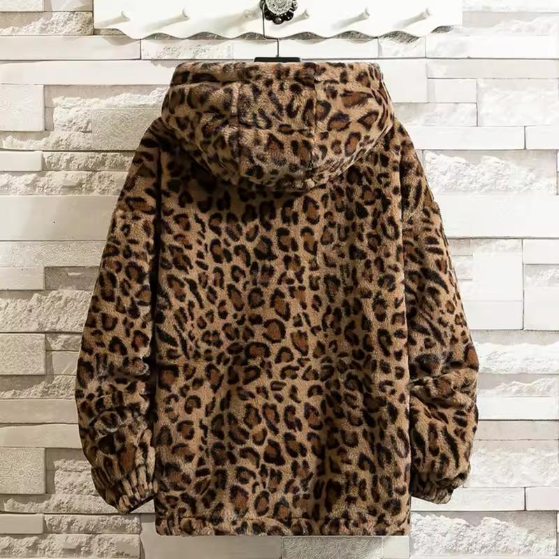 Damenjacke Leopardenmuster Verdickter Plüsch Kapuzenmantel mit Taschen Lässiger Reißverschluss Beidseitige Damen Winterbekleidung