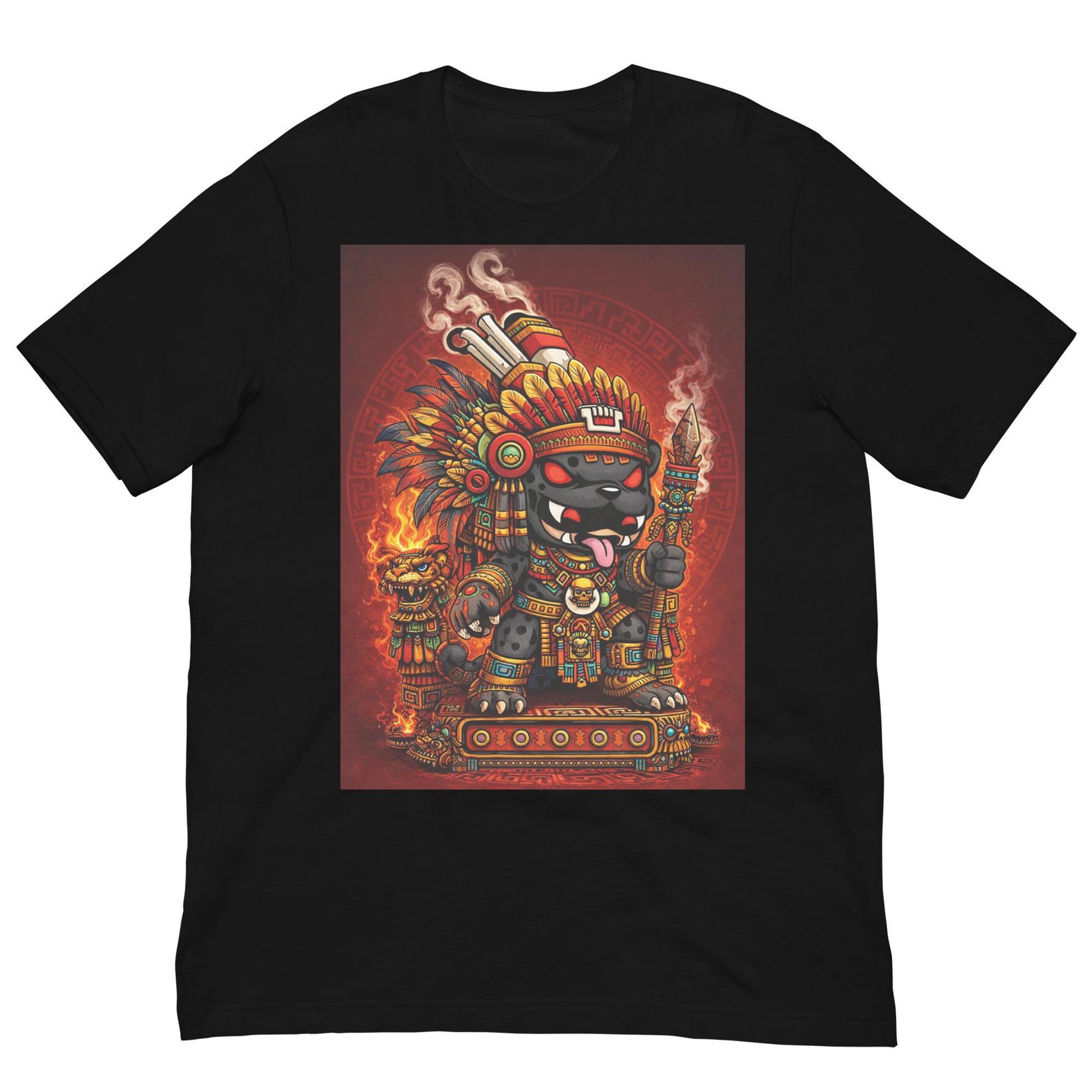Cute Aztec Jaguar Warrior Shirt, Chibi Aztec Panther Tee, Mexican Heritage T-Shirt, Cartoon Tribal Warrior Graphic Design 4XL
