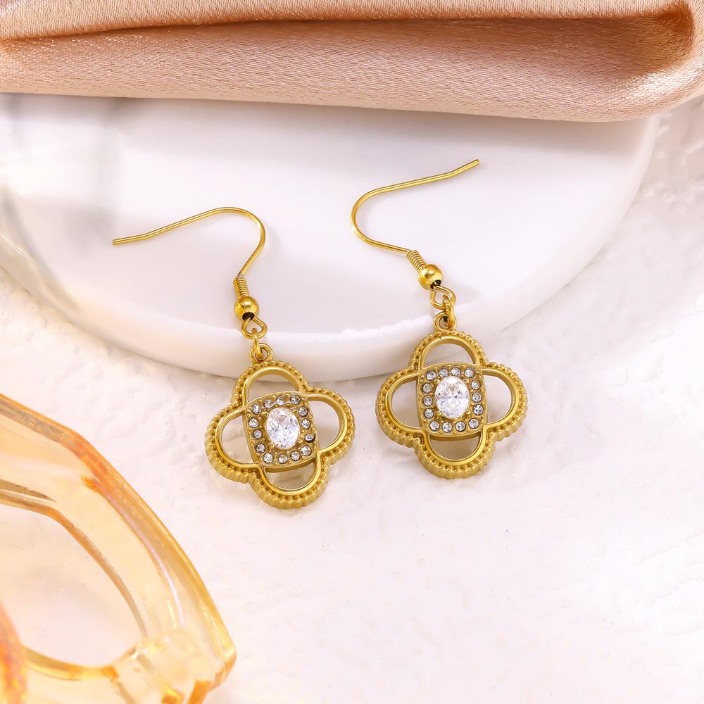 French Luxury Four-Leaf Clover Diamond Necklace & Earrings Set for Women