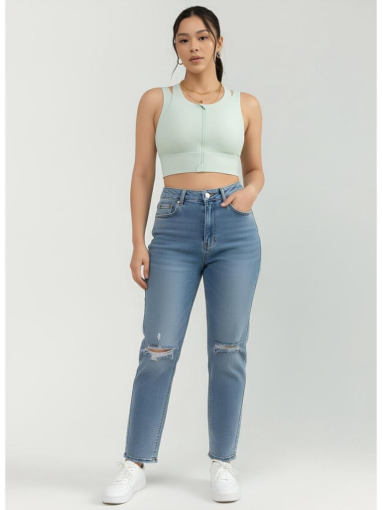 Light Green Front Zip Sports Bra with Fixed Pad: Shockproof and Stylish for Women