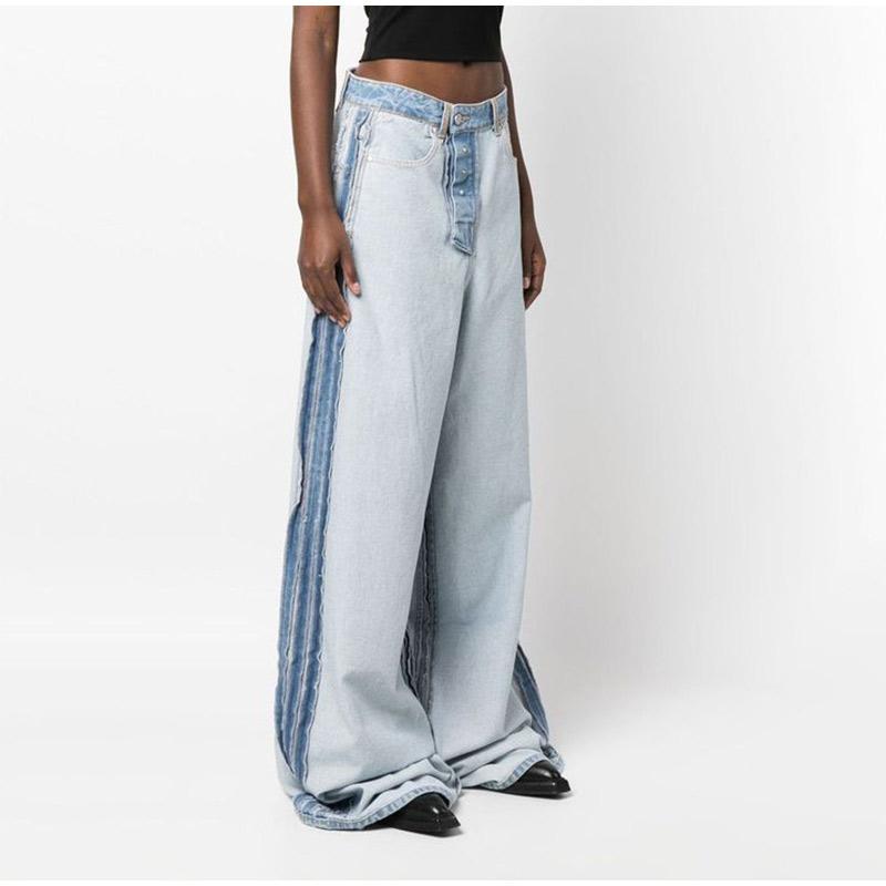 Jeans Patchwork para Mujer Cintura Alta Pierna Recta Pantalones Largos Diseño Antidesgaste Azul Claro Deslavado Pantalones de Verano