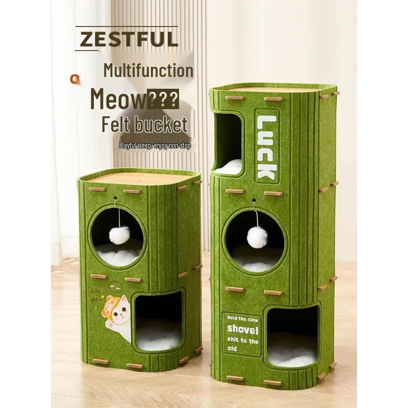 Waterwood Space-Saving Cat Climbing Frame: Felt Barrel Nest with Three Layers and Tree Hole for Big Cats