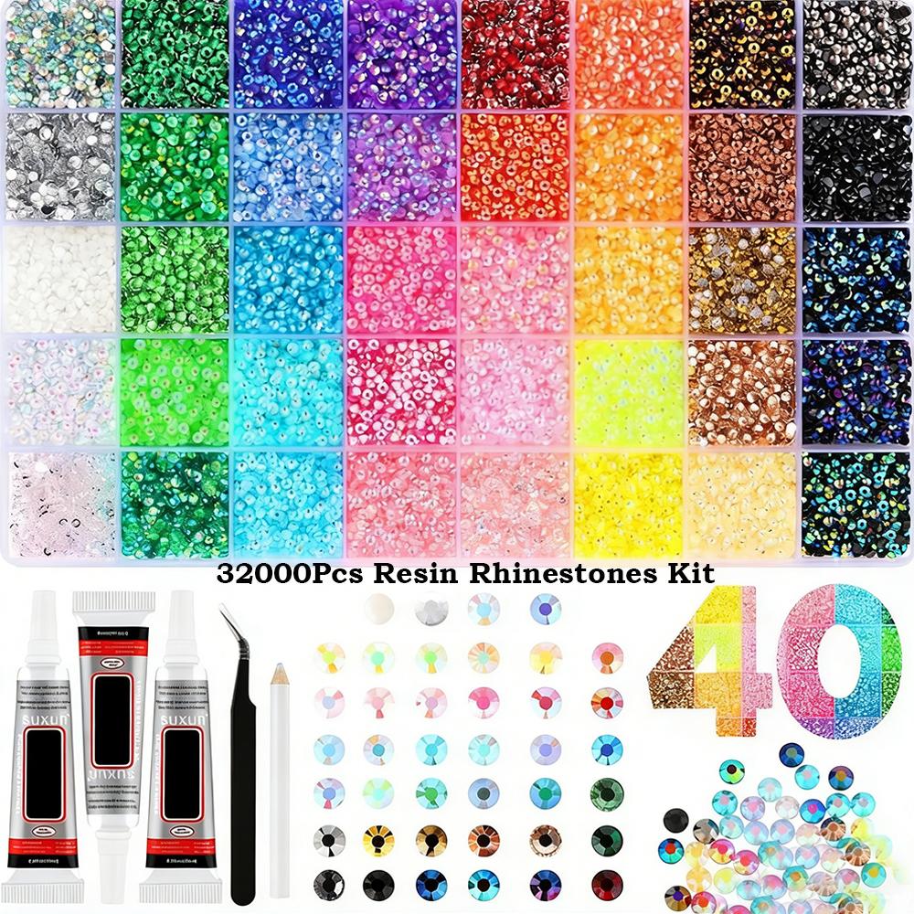 Nail Kit 32000Pcs Resin Rhinestones Bedazzling Kit with Tweezers for Multicolor 3mm Crystal with 3Pcs 10ml Glue Art Crafting
