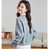 Autumn Women Grey  Loose Fit Long Sleeve Tops with Contrast Collar College Fashion