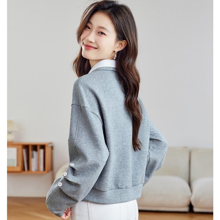 Autumn Women Grey  Loose Fit Long Sleeve Tops with Contrast Collar College Fashion