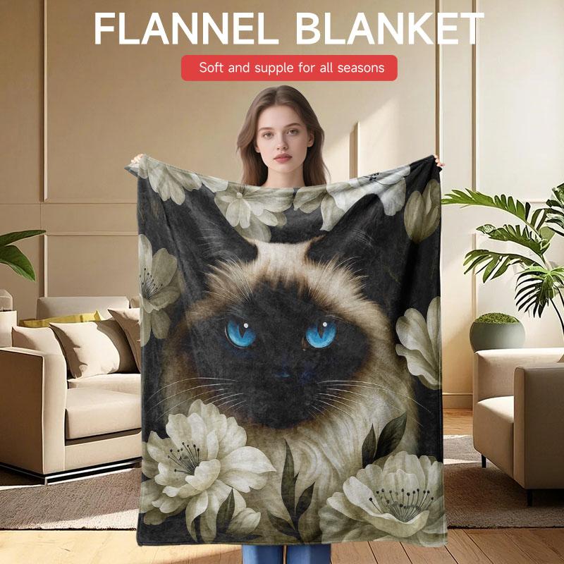 Creative White and Blue Cat Pattern Flannel Blanket, Suitable for Nap Blanket, Sofa, Office, Bed, Christmas and Halloween Gifts