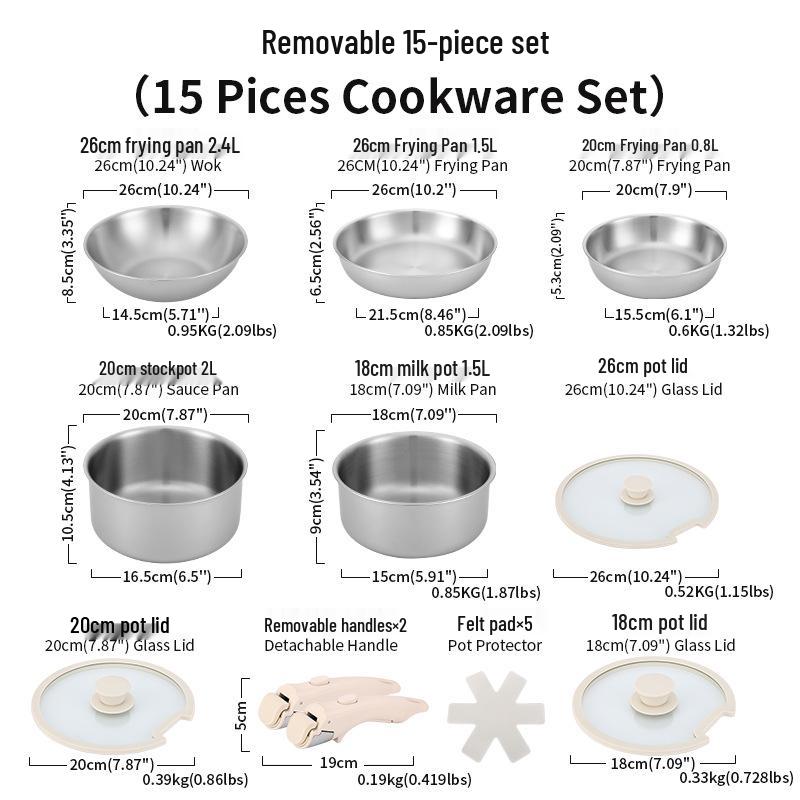 304 Stainless Steel Cookware Set: Non-Stick Maifan Stone Wok, Flat Frying Pan & Stockpot with Removable Handle