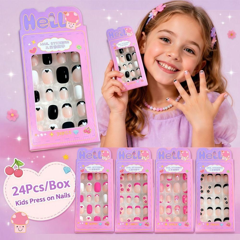 24Pcs/Box Cartoon Kids Press On Nails Black Flower French Tips False Nails Full Cover Fake Nails for Children Daily Holiday Wear