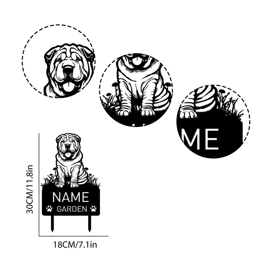 Individueller chinesischer Shar Pei Hund Metall Gedenk-Gartenstecker Personalisierter Haustiername Grabstein Mitgefühl Dekor