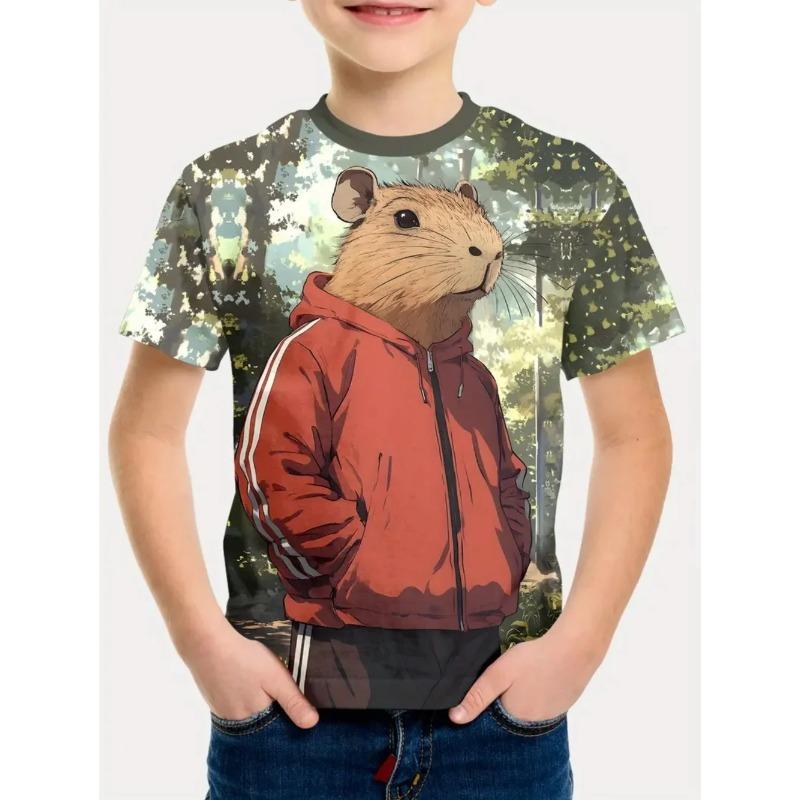 Round Neck 3D Capybara Printed Fashionable Short Sleeved Children's Boy T-shirts - Soft Medium Stretch Polyester Fabric Summer Relaxed Fit Clothing