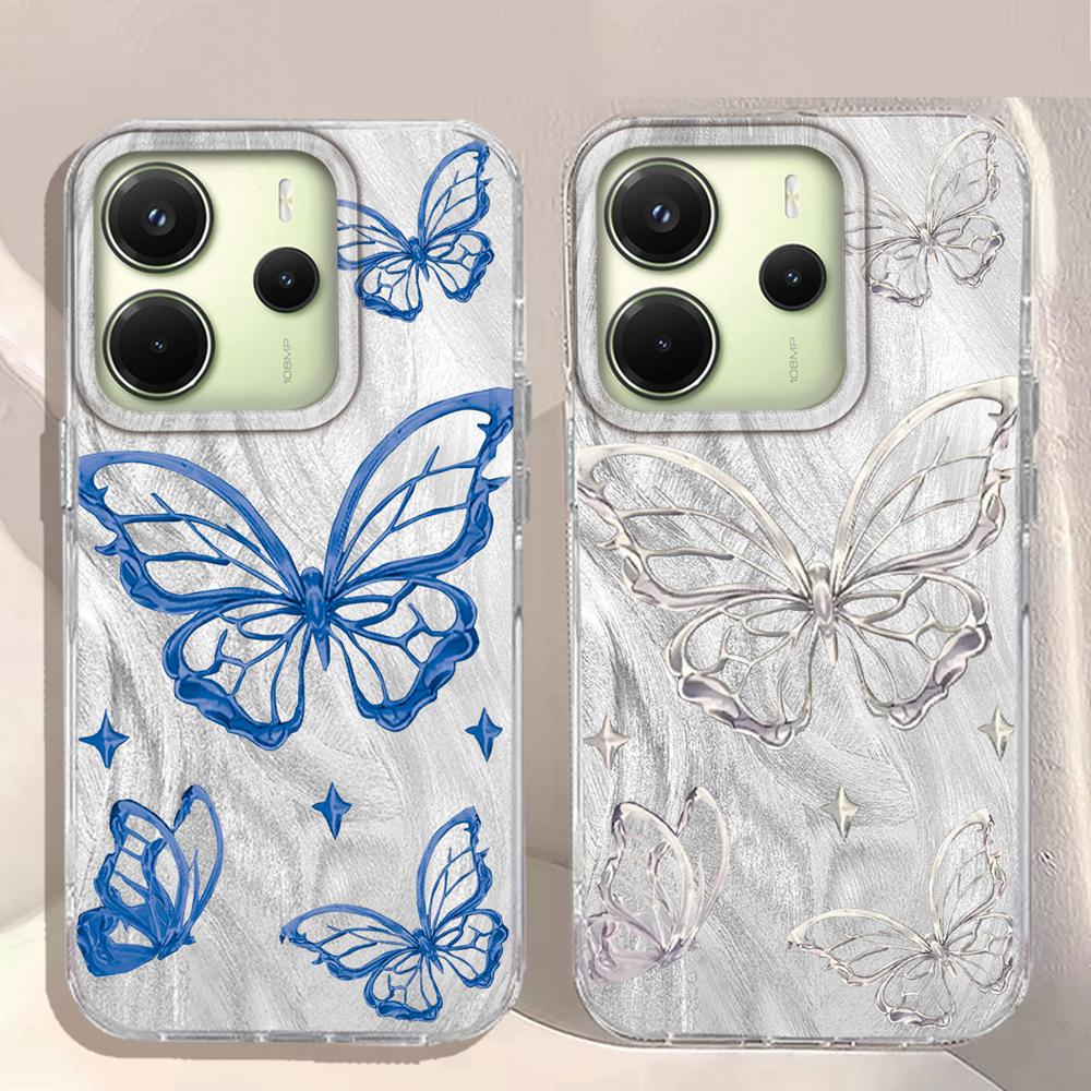 Laser Silver Butterfly Women Girls Phone Case for Xiaomi Redmi Note 14 13 12 11 11S 10 9 8 Pro 9C 13C 14C A5 A3 A4 A3X A1 Cover