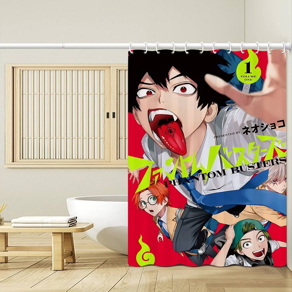 Japanese Anime P-Phantom B-Busters 1Pc Printed Shower Curtain Waterproof Washable With 12 Hooks Bathroom Shower Home Use