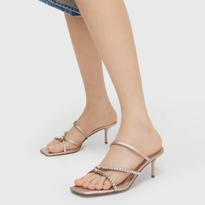 Fine Slippers Temperament Square Head Open Toe Crystal Buckle Set Foot Anti-slip Wear-resistant High Heels