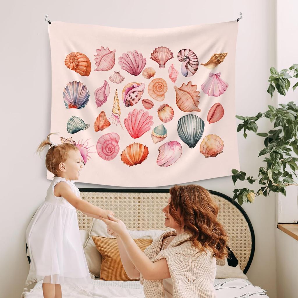 Pink Beach Coastal Tapestry Wall Hanging for Bedroom,Ocean Seashell Wall Tapestries, Pink Beach Coastal Walls Hanging Room Decor