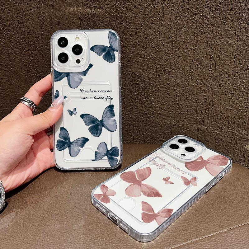 Butterflies Printed Soft TPU Clear Shockproof Casing Protective Cover Transparent Full Back Case with 1 Card Slot Holder