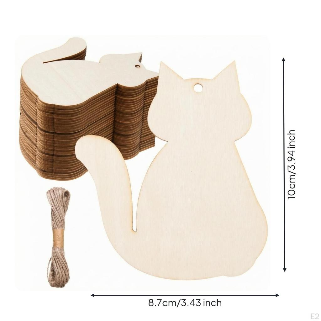 20 Pieces Cat Wood Cutouts with Twine Blank Shaped Hanging Ornaments Sturdy