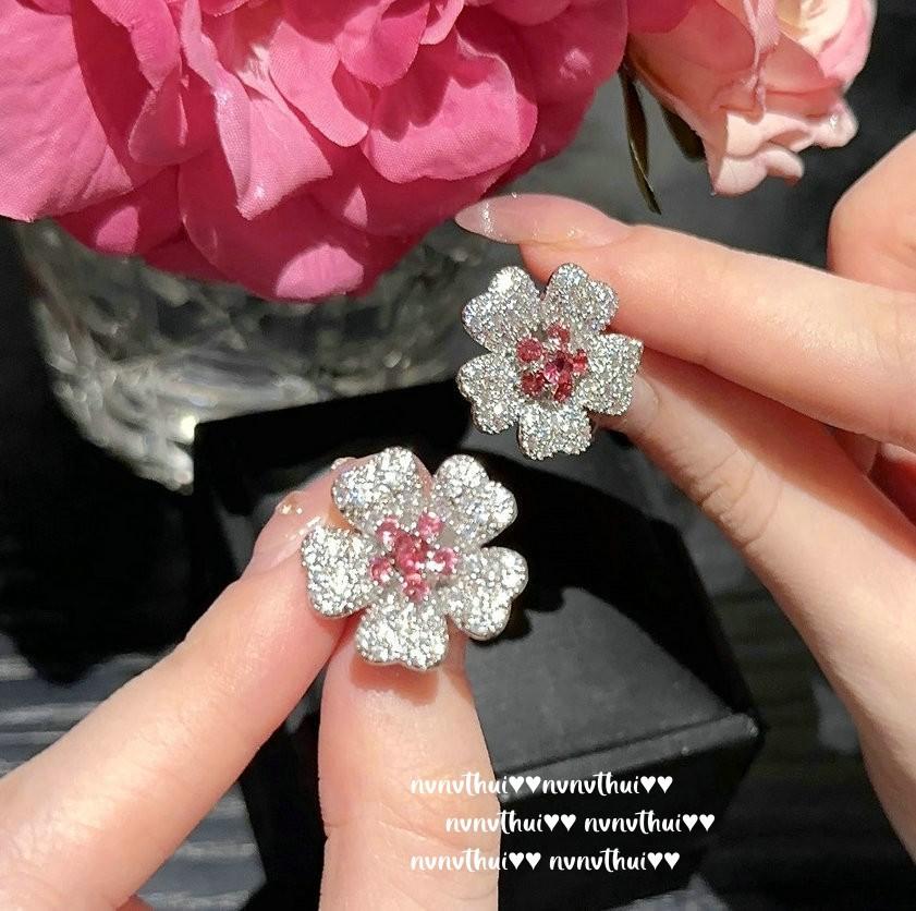 Papalacha Flowery Gemstone Necklace, Antique, Plated With 18K Gold, Pink Hot Pink Flower Zircon Ring Combination.