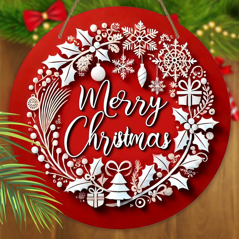 Semn de Crăciun din lemn, Semn rotund Merry Christmas pentru decor agățat pe perete sau ușă de intrare, Ornament ideal de Crăciun
