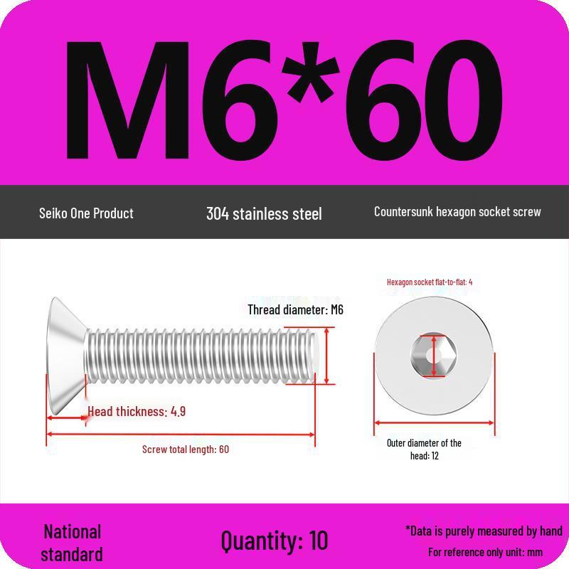 M2-M10 Stainless Steel Flat Head Machine Screws and Bolts Set, Countersunk Hex Socket Cap, 304 Grade.