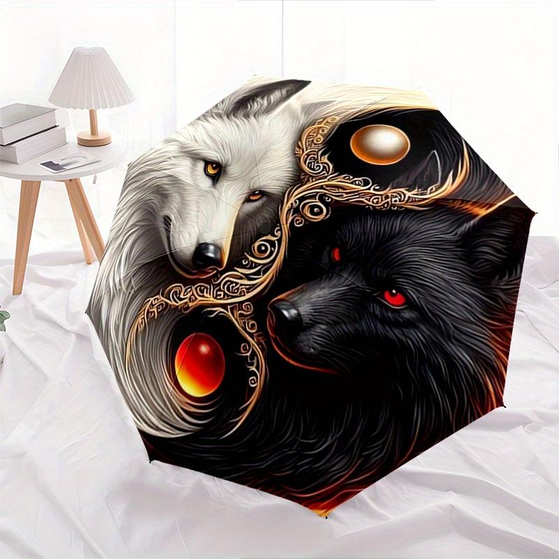 Wolf Yin Yang Automatischer Faltregenschirm 8 Rippen, Langlebiger Eisenrahmen, Helles Farbmuster Kompakter Reiseschirm, Geeignet für Outdoor, Se